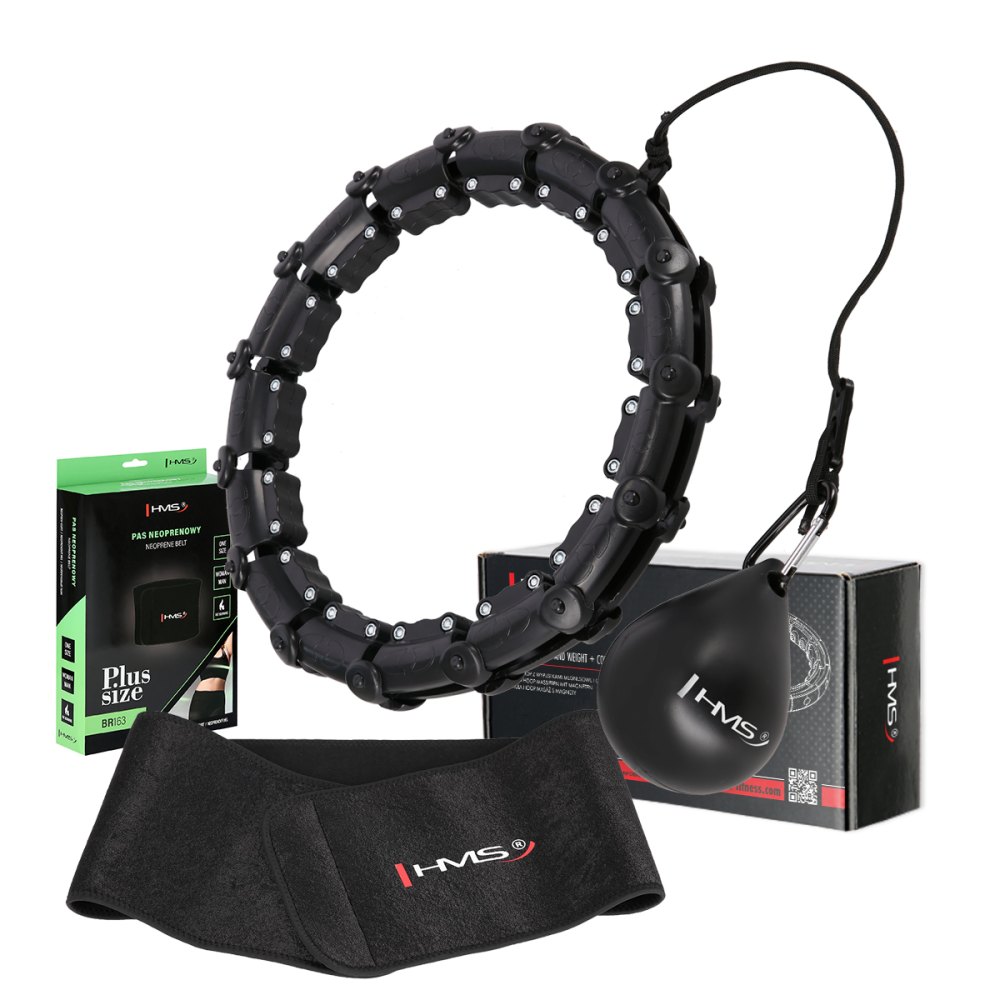 Sada čiernej masážnej Hula Hoop so závažím HMS HHW11 a zoštíhľujúceho bedrového pásu HMS BR163 PLUS SIZE