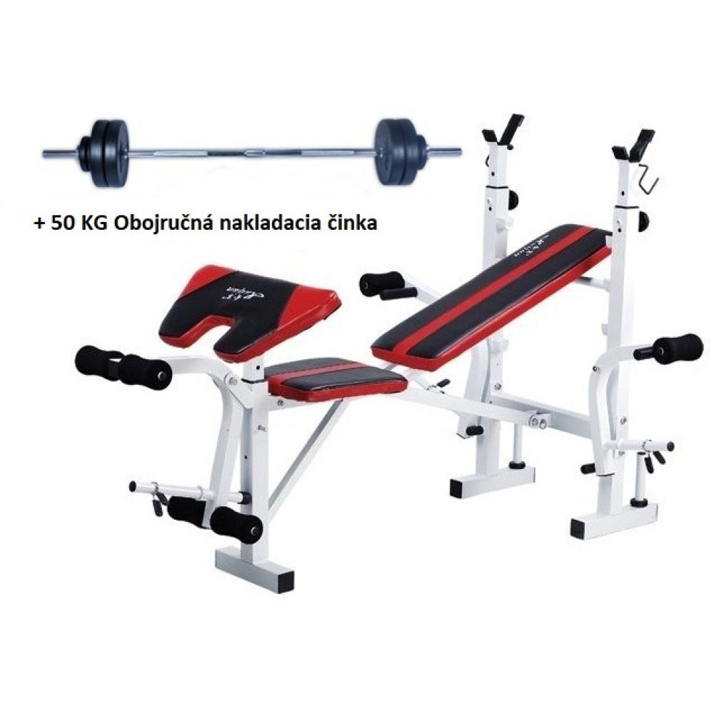 Bench lavička s bicepsovým pultom + 50 kg nakladacia obojručná činka Spartan